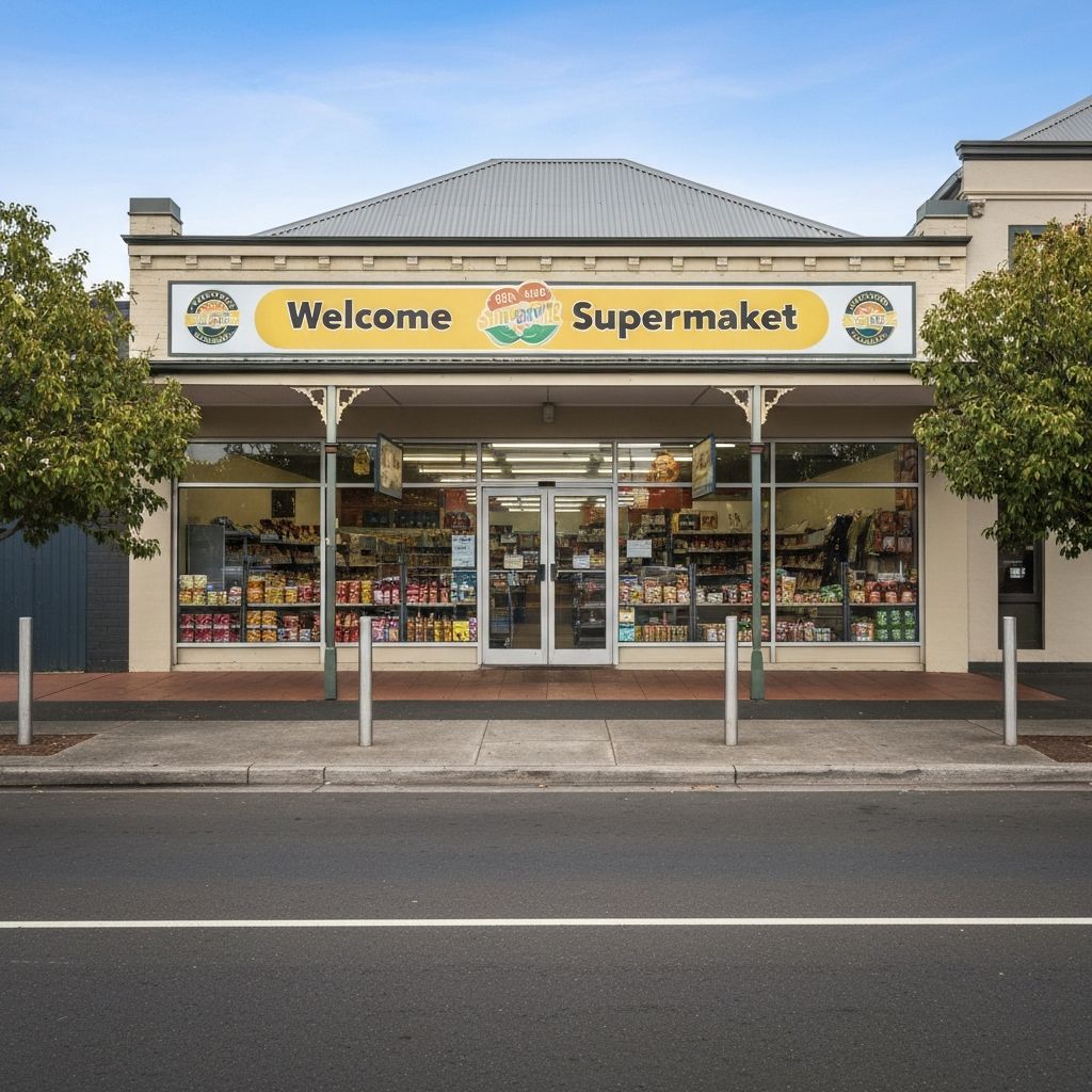 Exterior of Happy Supermarket store with welcoming signage